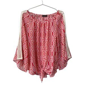 B Design Blouse Size XL Diamond Print Crochet Lace Sleeves Coral Lightweight